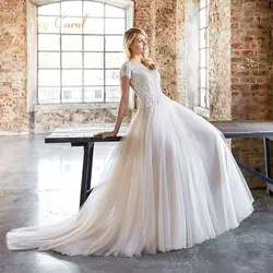 Эшли Кэрол аппликации-line свадебное платье 2019 бисером o-образным вырезом кружевное, с коротким рукавом кисточкой сексуальные свадебное