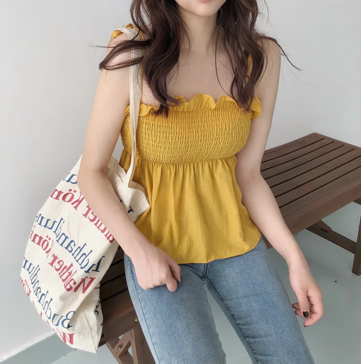 

2019 NIJIUDING Summer new chiffon blouse sweet sleeveless pleated camis tops elastic waist vest female