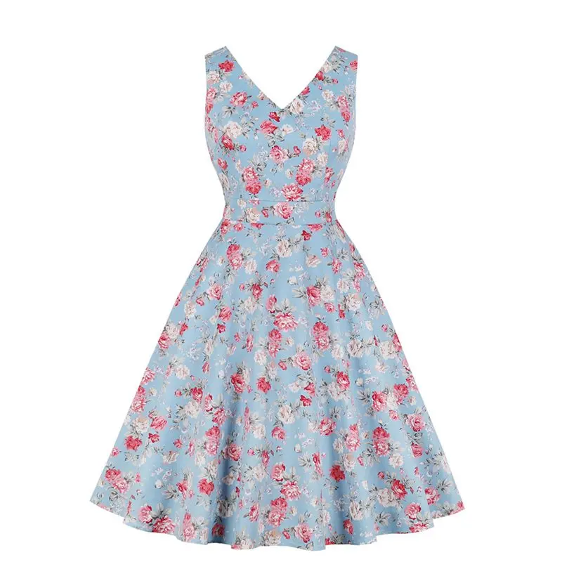 

Sexy Elegant Vintage Women Dresses Casual Party Blue Office Lady Beach High Street Aline Floral Print Female Fashion Retro Dress
