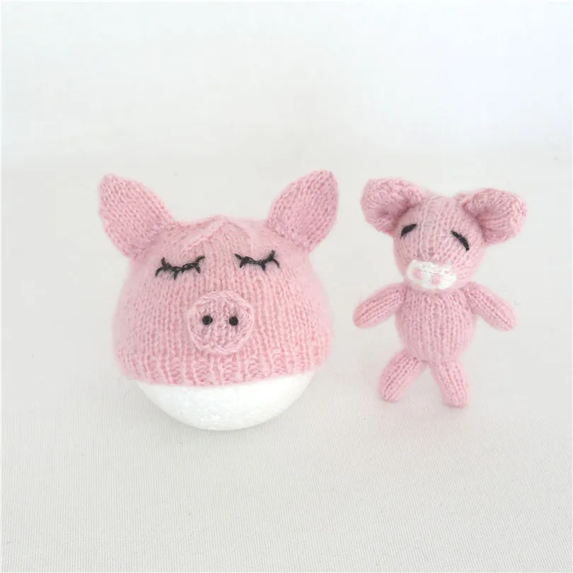 

Newborn photography props hat Hand knitted fluffy bonnet Crochet mohair baby bonnet with beanie hat Knit pig bonnet