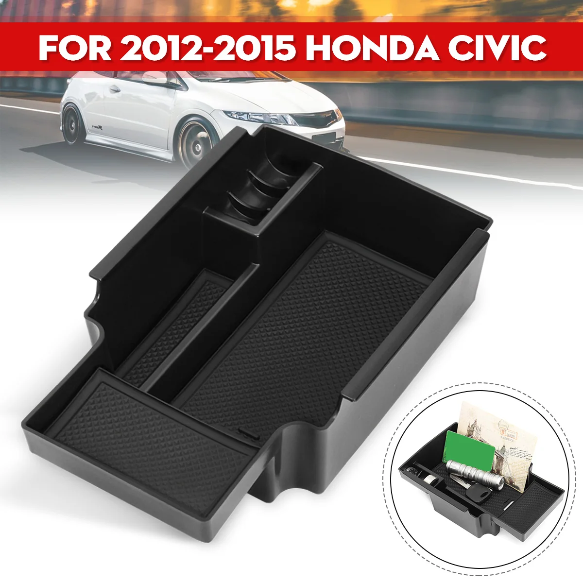 

Black Car Center Console Armrest Storage Box Organizer Tray for Honda-Civic 2012 2013 2014 2015 220mmx130mm Car Storage Box