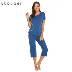 Ekouaer женская ночная рубашка пижамный комплект ночное круглый средства ухода за кожей шеи топы с короткими рукавами эластичный пояс брюки