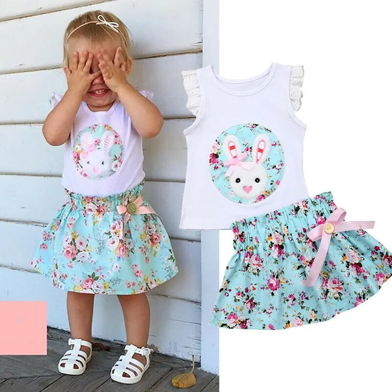 

2Pcs Toddler Baby Girl Cute Clothes Sets Ruffle Lace Sleeve Rabbit Floral Print Tops Skirt Easter Outfits Set