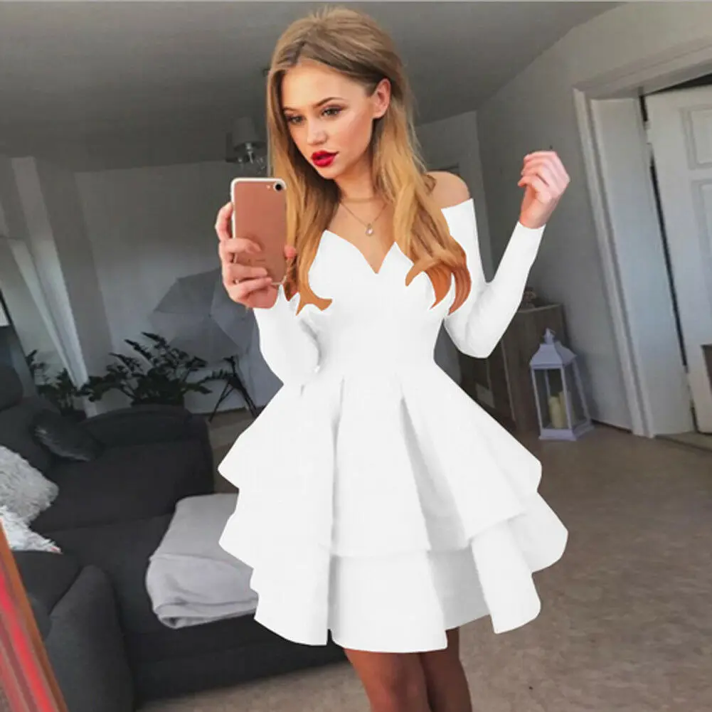 

2019 Spring New Arrival Women Off Shoulder V Neck Pleated Mini Dress Sexy Style Solid Short Party Beach Two Layers Vestidos