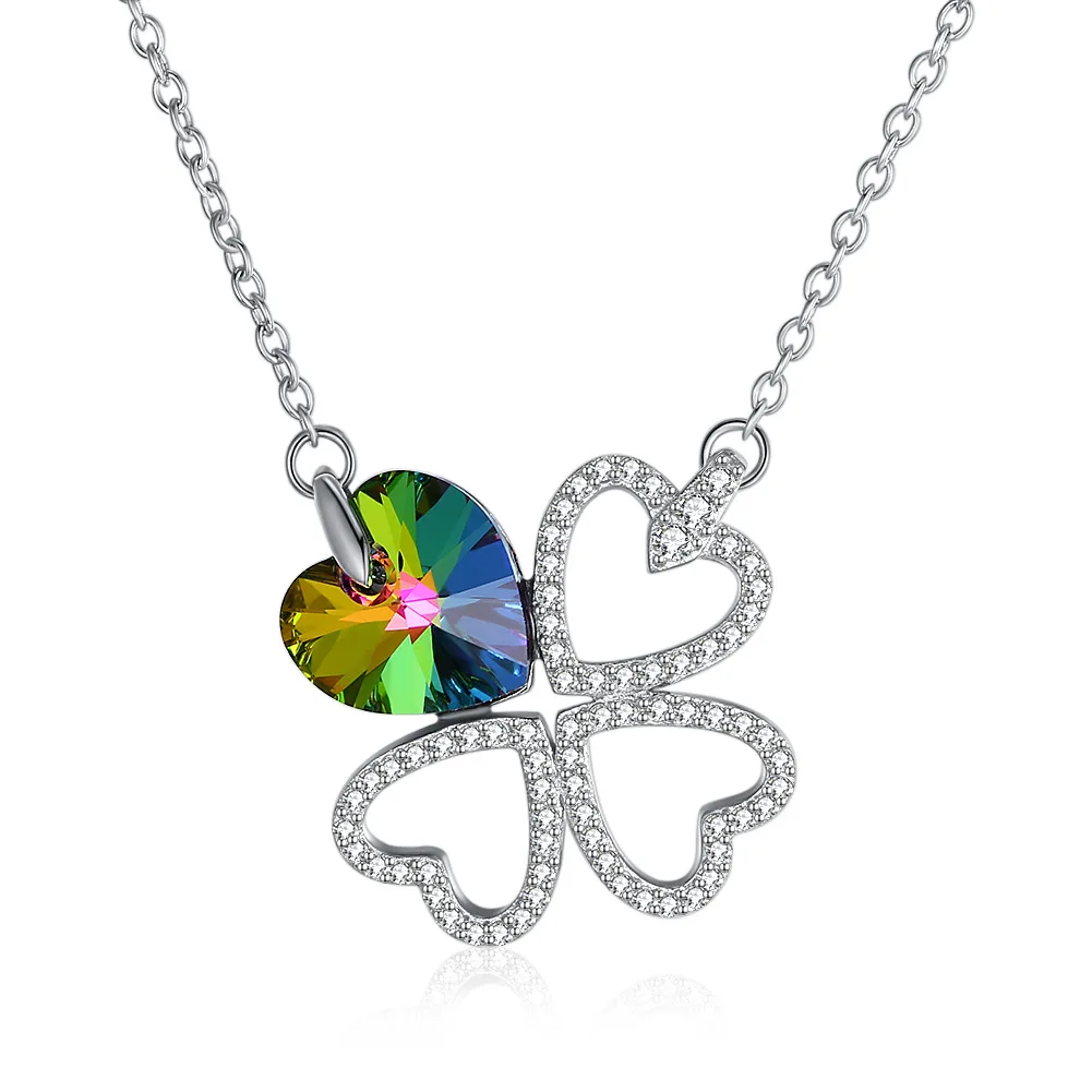 

100% Pure 925 Sterling Silver heart-shaped Clover Necklace blue heart crystal stone with hollow Clover pendant necklace jewelry