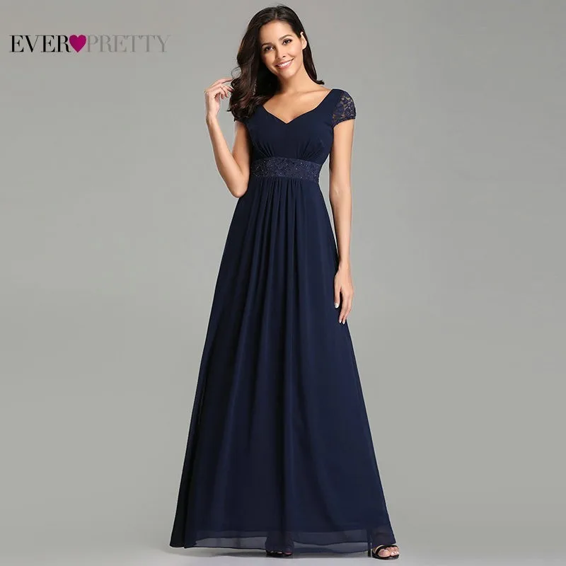 

Navy Blue Elegant Bridesmaid Dresses Long Ever Pretty A-Line V-Neck Chiffon Bridesmaid Dresses 2019 Wedding Party Guests Dresses