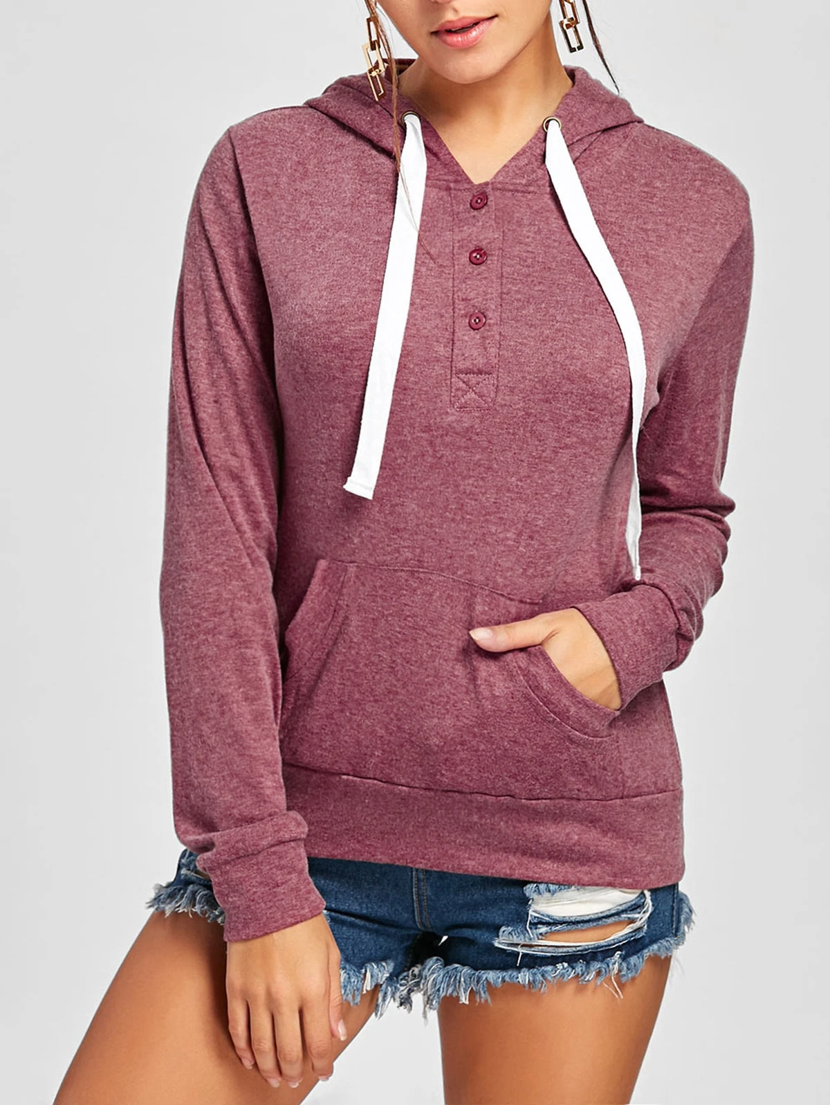 

Pullover Buttons Kangaroo Pocket Long Sleeve Hoodie