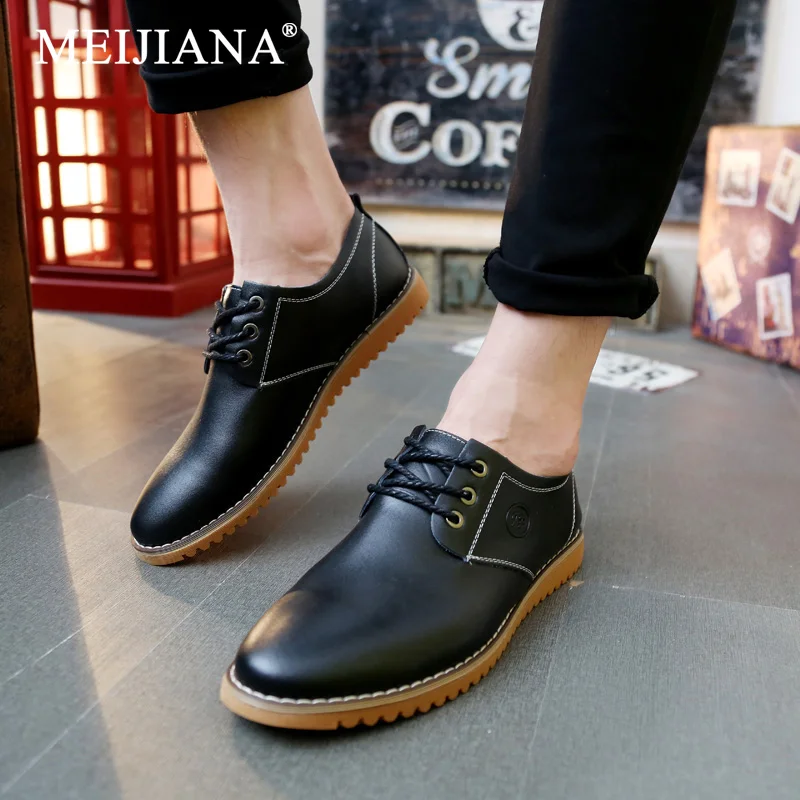 Toe Lace Size Casual Classics 38-47 Shoes Footwear Luxury Up Leather Male Daily Busniess Men Round MEIJIANA Simple | Обувь