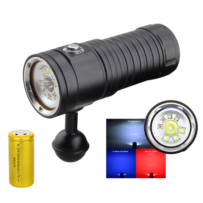

4 mode dimmable Diving Flashlight XM-L2 WHITE UV red underwater video light lamp Diving Torch 32650 Rechargeable led Torch
