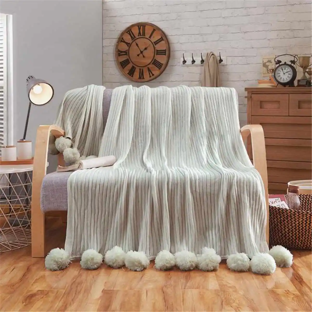 Best 100X150cm Pom Pom Knitted Throw Blanket Cotton Crochet Blanket Stripe Rug Bed Sofa Car Blankets Home Bedroom Decoration 3 Colors
