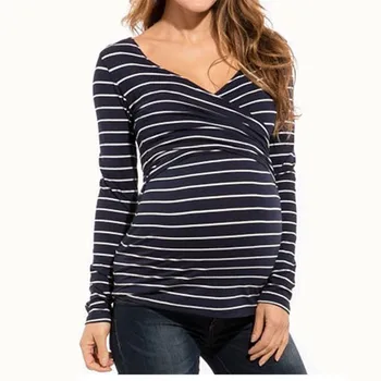 

Nursing Top Fashion Tshirt Women Embarazada Summer V-neck Maternity Clothes Striped Long-sleeved Breastfeeding Jacket T-shirt