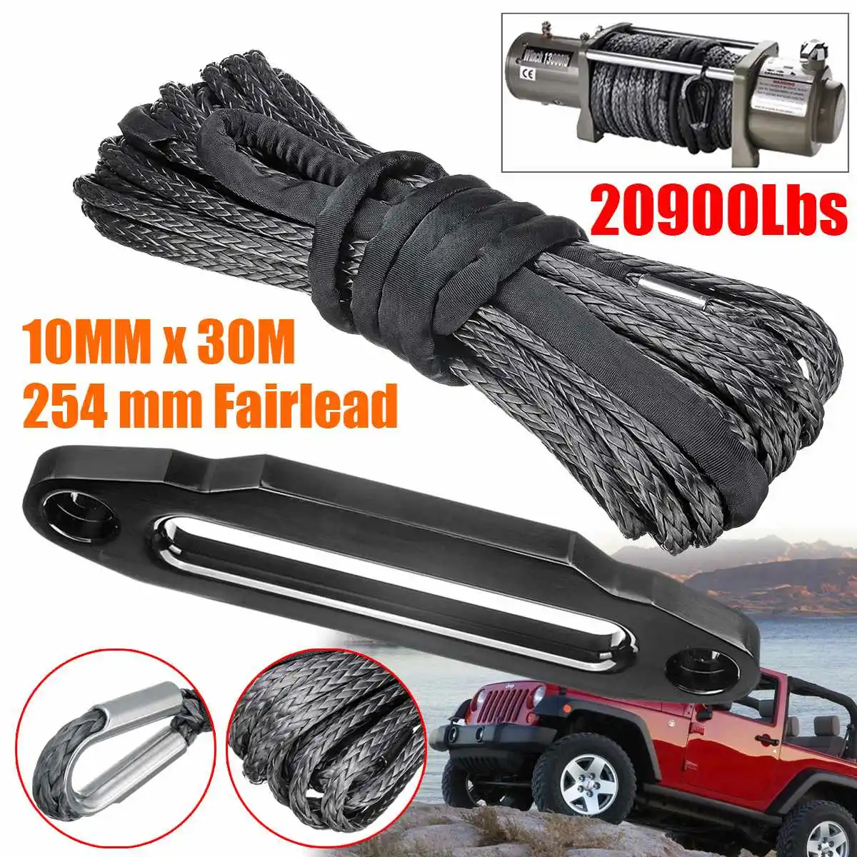 

10MM*30M 254 mm Anodised Fairlead 20900LBS Strength Black Synthetic Winch Rope Cable Line With Hook for ATV UTV Off-Road