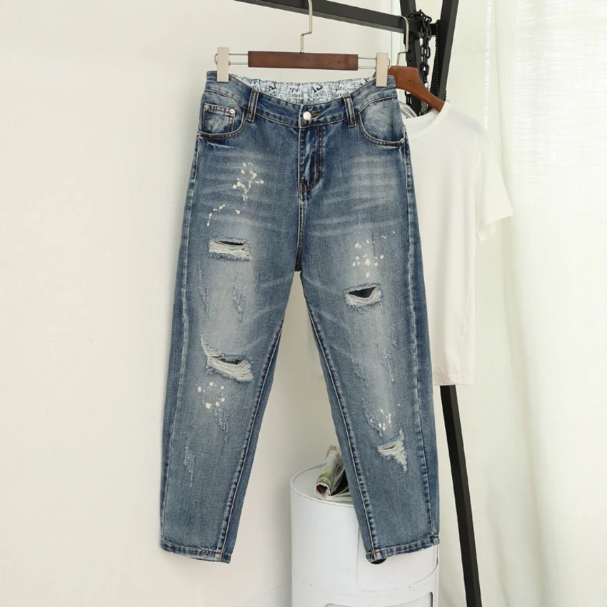 

Women Jeans Denim Pants Casual Ripped Hole Ankle Length Harem Pants 2019 Spring Elastic Waist Trousers Vintage Plus Size 5XL