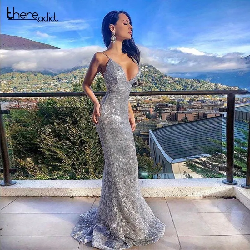 Sequins Maxi платье женское сексуальное V образным вырезом без рукавов рыбий хвост