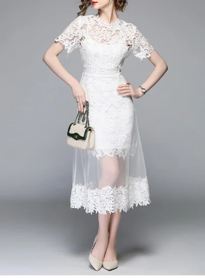 

Rebicoo Summer Mesh Patchwork Lace Dress Women O-neck Work Casual Party Slim Sexy White Long Dresses Vintage Vestidos