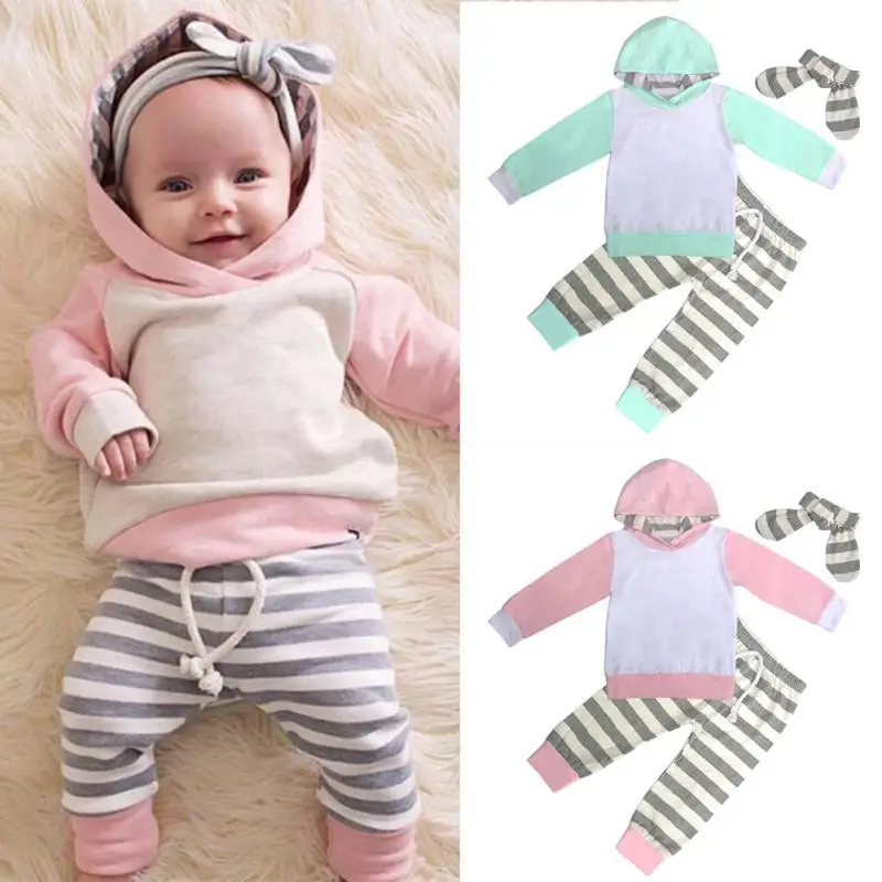 

Free Shipping Infant Toddler Newborn Baby Girls Boys Unisex Outfit Clothes Tracksuit Hooded Top+Leggings Pant Headband 3Pcs Set