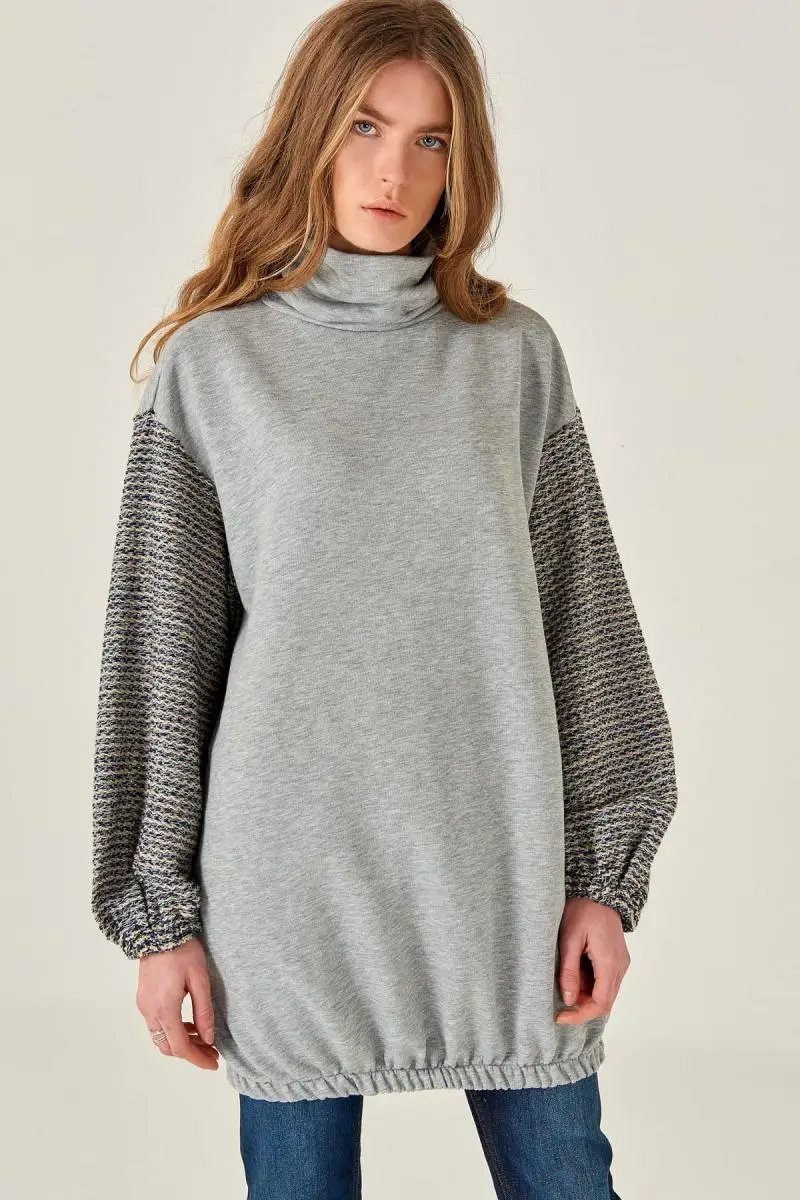 Boutiquen Women Gray Turtleneck Handle Garnili Sweatshirt DM-19k1151 | Женская одежда