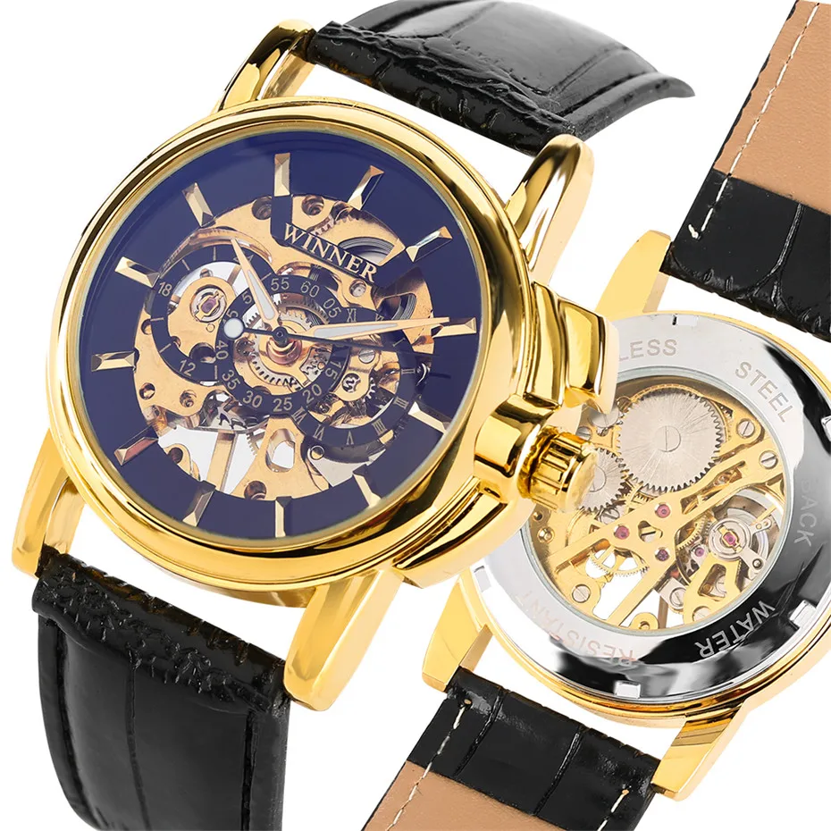

Skeleton Watch Men Mechanical Wristwatch Black Genuine Leather Waterproof Men's Watches Hand Winding reloj masculino