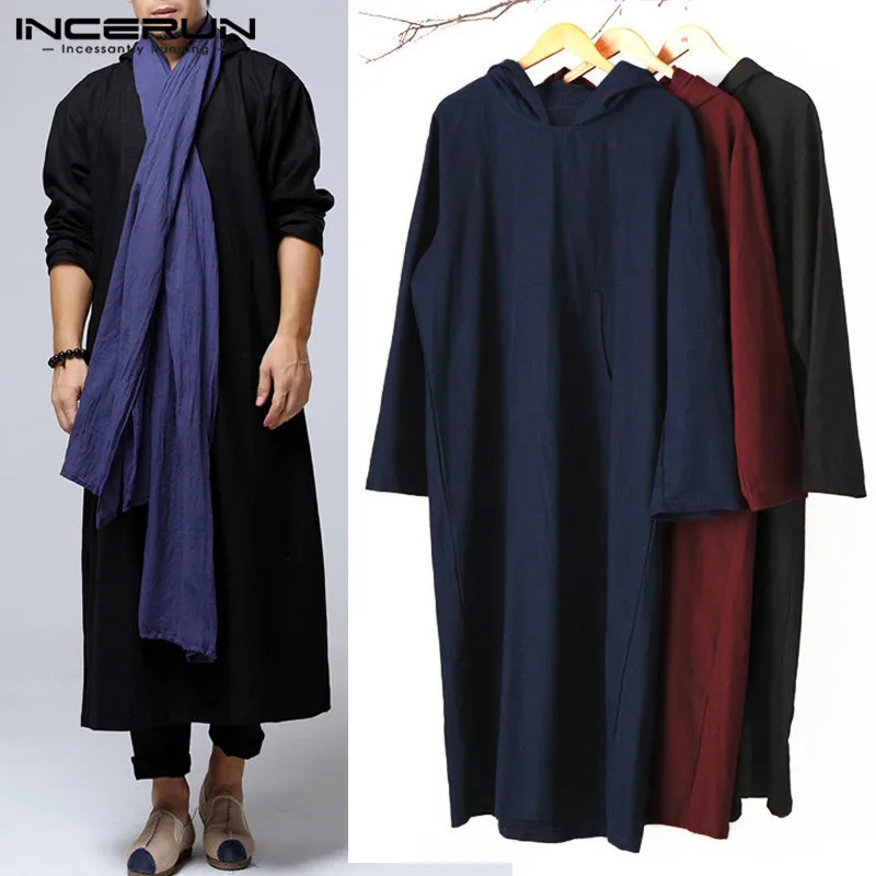 

INCERUN 2019 Men Hoodies Retro Hooded Long Sleeve Solid Casual Cotton Robe Muslim Costume Islamic Arab Kaftan Sweatshirt Men 5XL