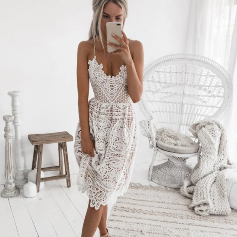 

Women Crochet Lace Dress Deep V Neck Crisscross Backless Sleeveless Halter Summer Midi Dress Sexy Clubwear 2019 Fashion Sundress