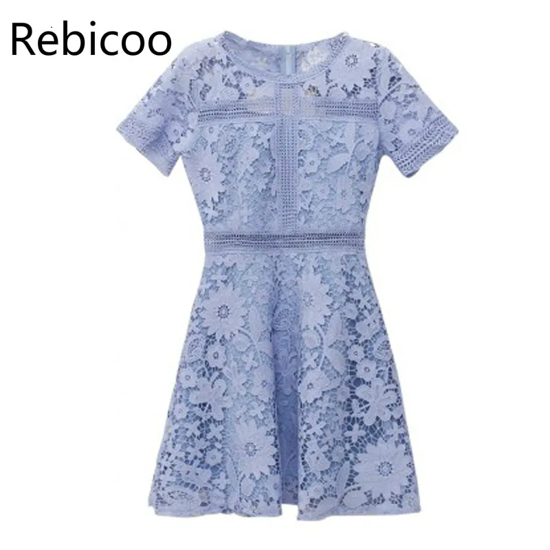 

2019 Summer Hollow Out Sexy Club Lace Dress Women O Neck Short Sleeve Vintage White Dress Female Evening Party Dresses