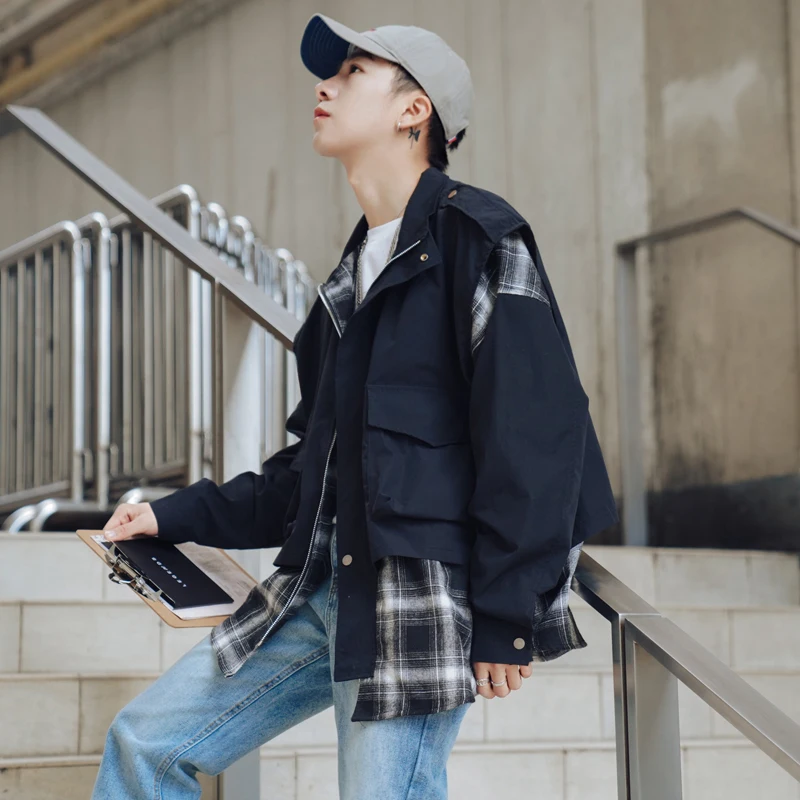 Spring New Jacket Men Fashion Plaid Stitching Fake Two Piece Casual Jacket Man Streetwear Hip Hop Loose Bomber Jacket Male Coat