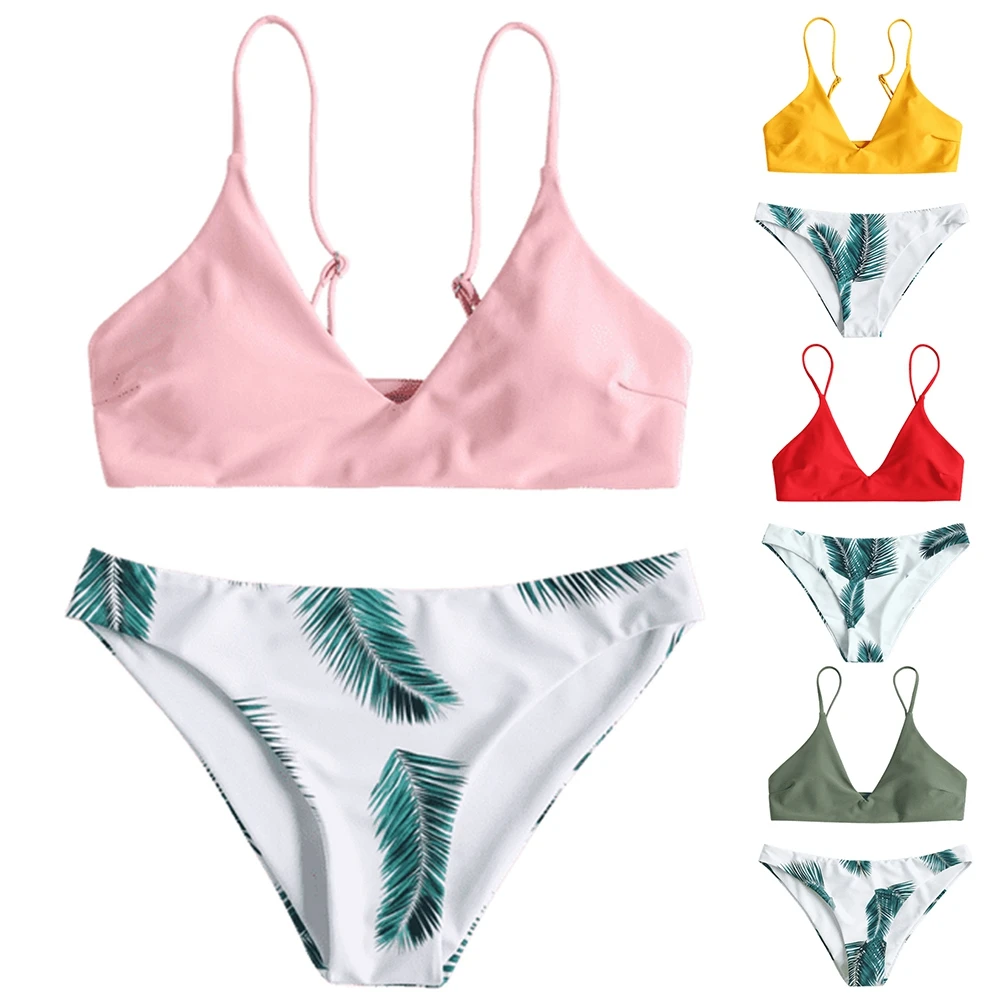 

Sexy Bikini Women Two-piece Swimwear Sexy Bikini Set Summer Push Up Bathing Suit Leaves Print Strap Swimsuit Set