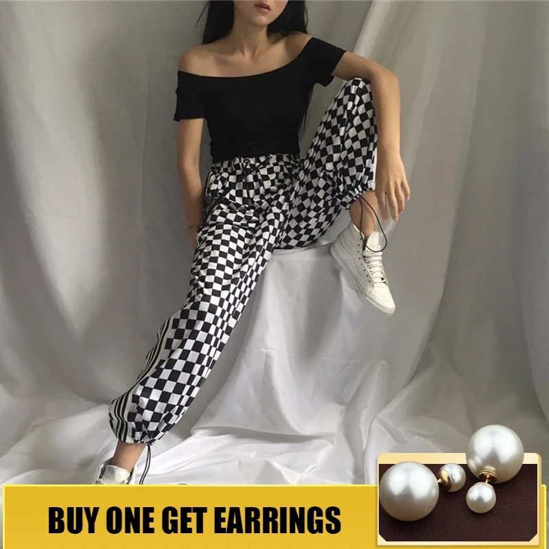 

HOUZHOU Checkerboard Women Spring Autumn Plaid Pants High Waist Harajuku Hip Hop Streetwear Side Striped Loose Wide Leg Trousers