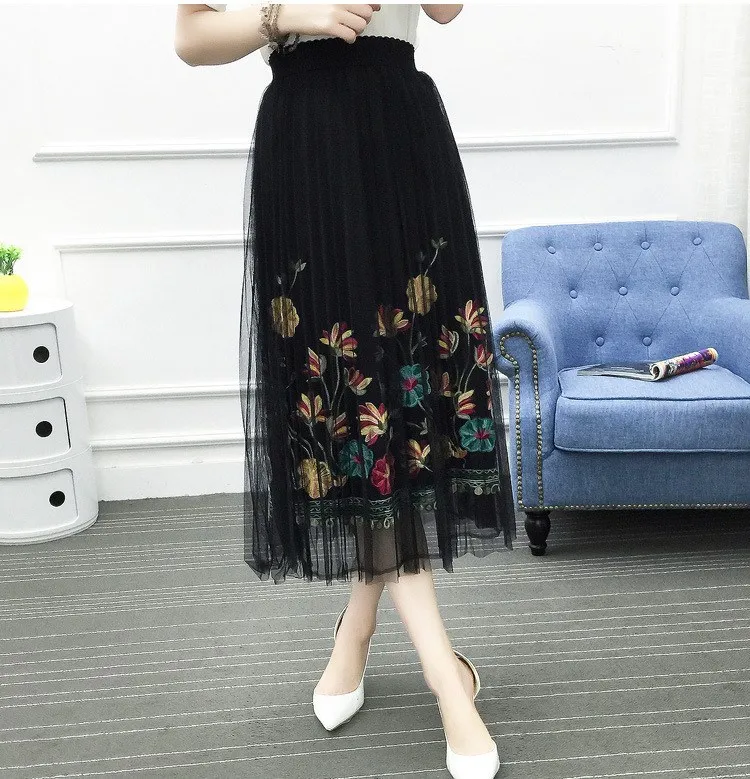 Летняя газовая юбка с эластичной талией, сексуальная элегантная юбка в стиле бохо, черно-белые юбки с цветочной вышивкой