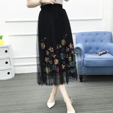 Летняя газовая юбка с эластичной талией, сексуальная элегантная юбка в стиле бохо, черно-белые юбки с цветочной вышивкой