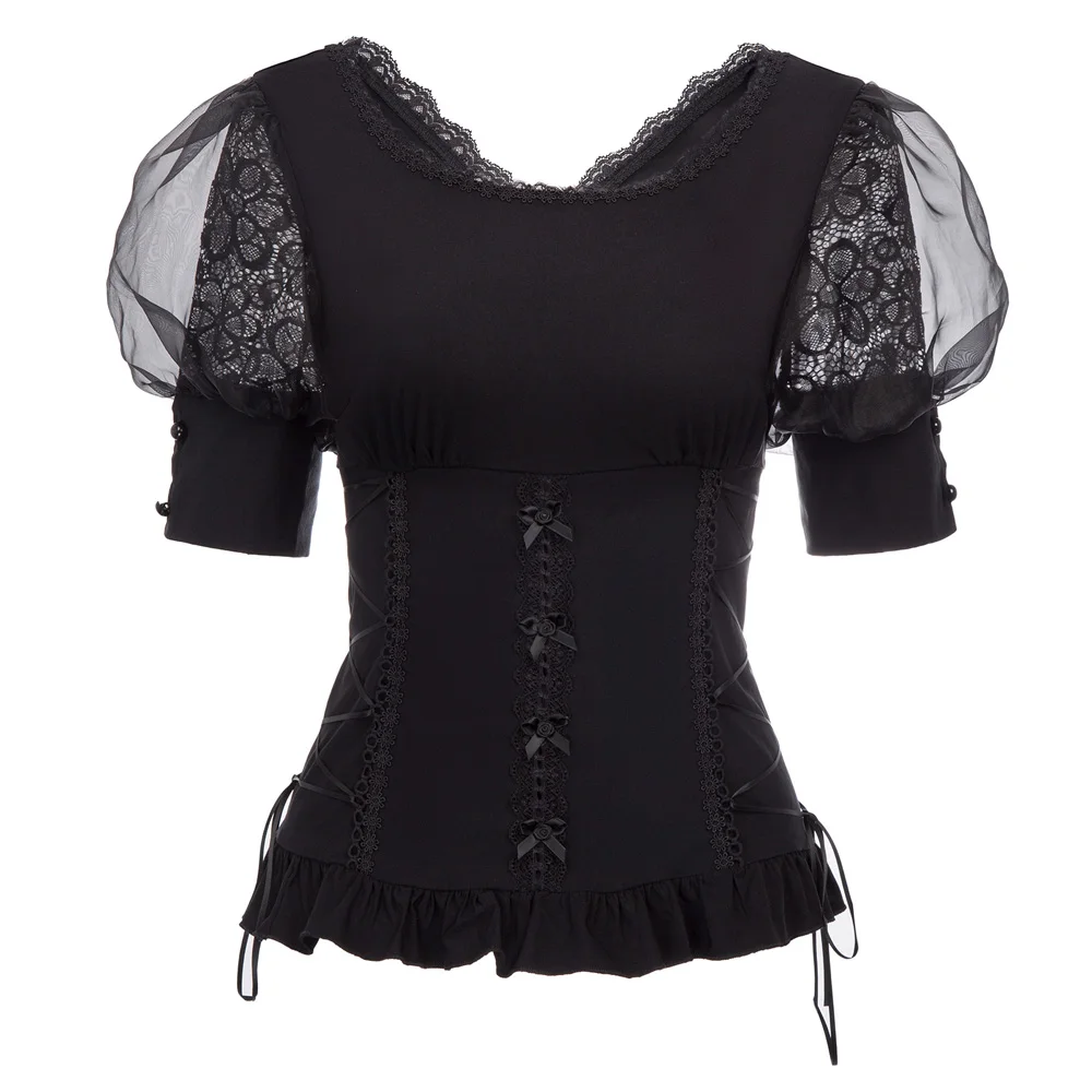 

Women Skirt Vintage Gothic Victorian 1/2 Sleeve V-back Corset-style Tops Steam Punk Lace Women's T-shirt Summer