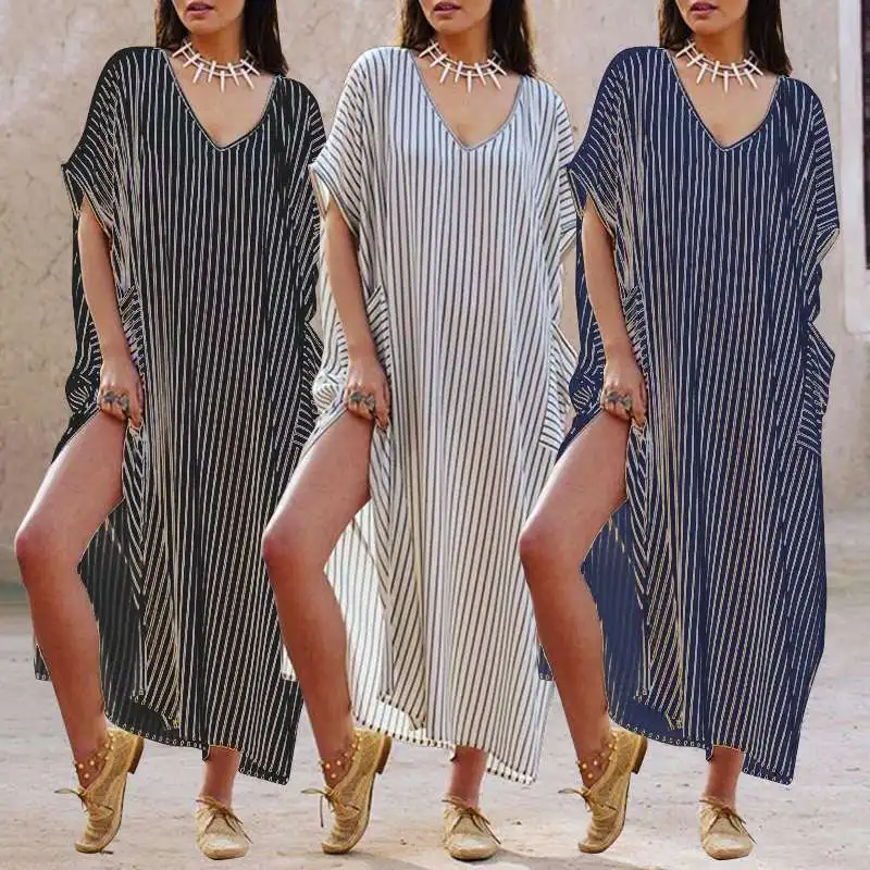 

Celmia Women Vintage Striped Long Shirt Dress Casual Sexy V-neck Short Sleeve Loose Split Summer Beach Maxi Vestidos Plus Size