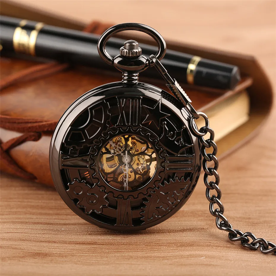Античная полые шестерни колеса Half Hunter Механические карманные часы ретро Черный римские цифры джентльмен костюмы ювелирные