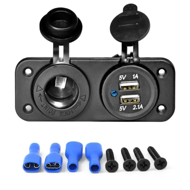 Waterproof Dual USB Charger 5V 2.1/1 Amp & Power Socket Panel Mount 12