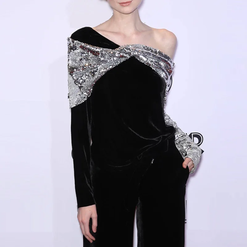 TWOTWINSTYLE Patchwork Sequins Velour T-shirts For Women Asymmetric Collar Long Sleeve Loose Tops Female T-shirt Elegant Clothes
