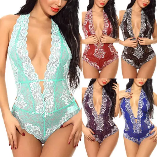 

Plus Size S-XXXL Sexy Women Ladies Deep V Neck Top Thong Backless Bodysuit Leotard Halter Lace Sunsuit Skinny Sexy Clothing