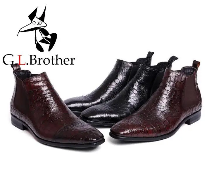 

Dress Shoes Men Ankle Boots Slip On Elastic Band Genuine Leather Square Toes Stone Pattern High Top Casual Shoes Roman Boots