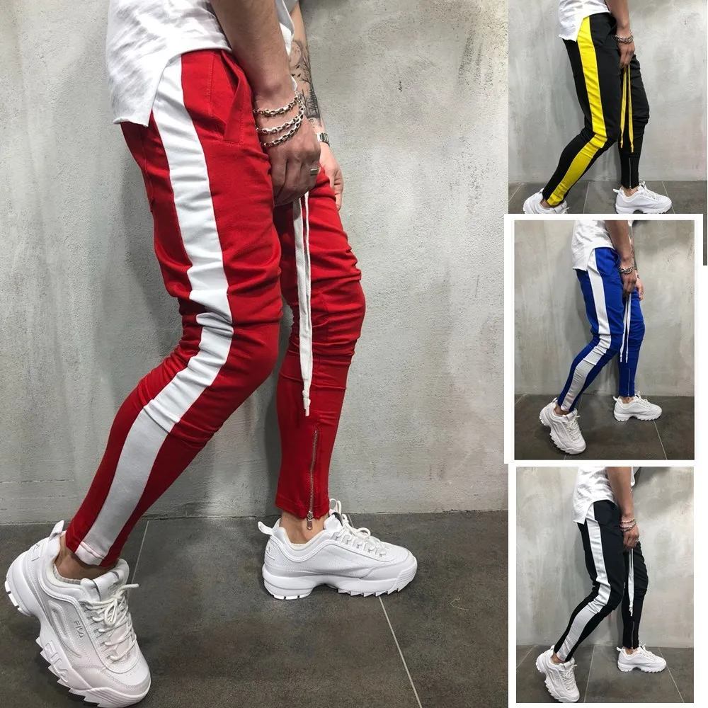 الرجال الجانب شريط Sweatpant سروال شكل قلم رصاص الأحمر عارضة مرونة الخصر الرياضية ركض السراويل رجل الشارع الشهير المسار Pantalon هومبر