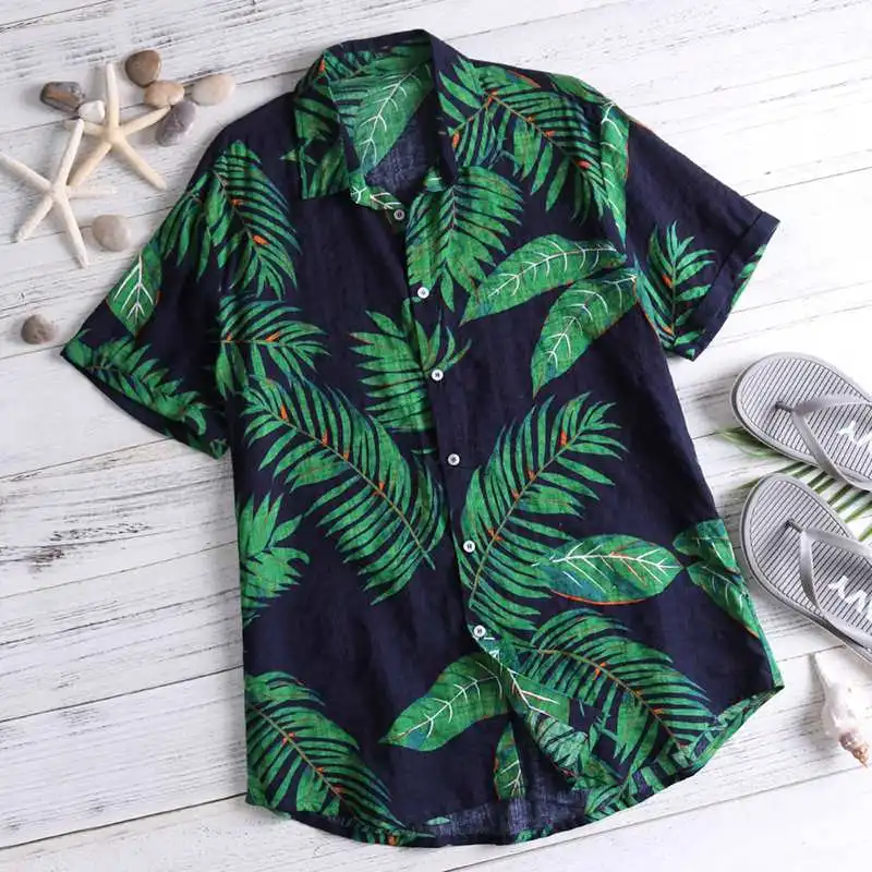 

2019 Fashion Casual Hawaiian Shirt Men Cotton Print Short Sleeve Button Loose Seaside Beach Shirts Men Streetwear Camisa Blouse