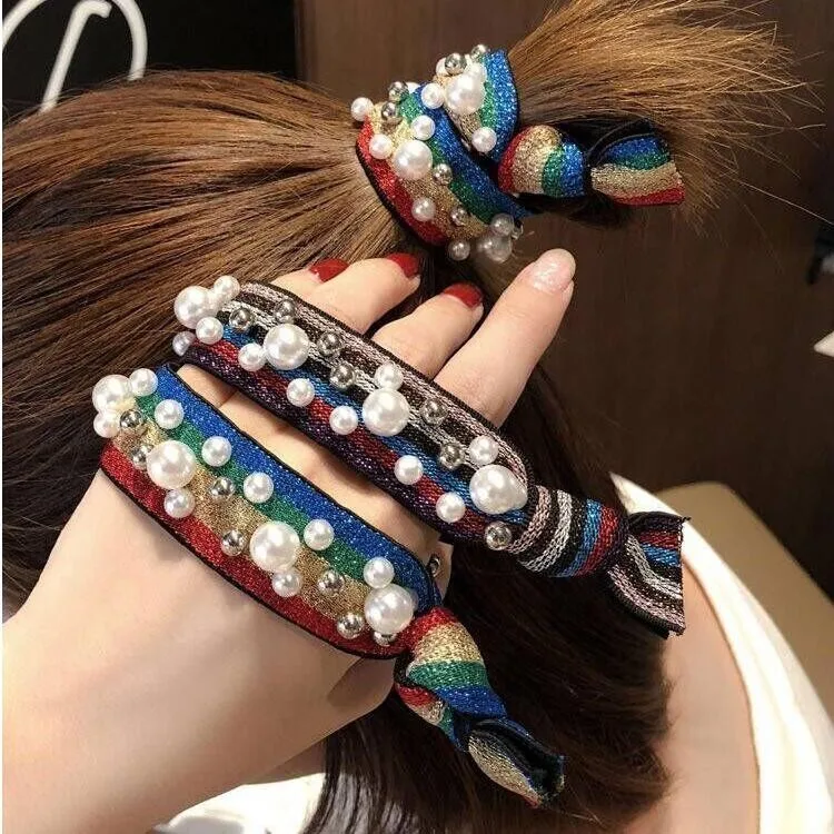 

Korean Style Width Elastic Rubber Hair Bands Simulated Pearl Beaded Hair Holder Rope Headband Girl Hair Accessories for Women