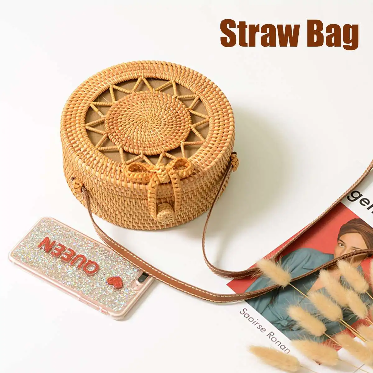 

Women Beach Straw Retro Bag Rattan Woven Round Handbag Bohemia Handmade Messenger Purse Summer Beach Cross Body