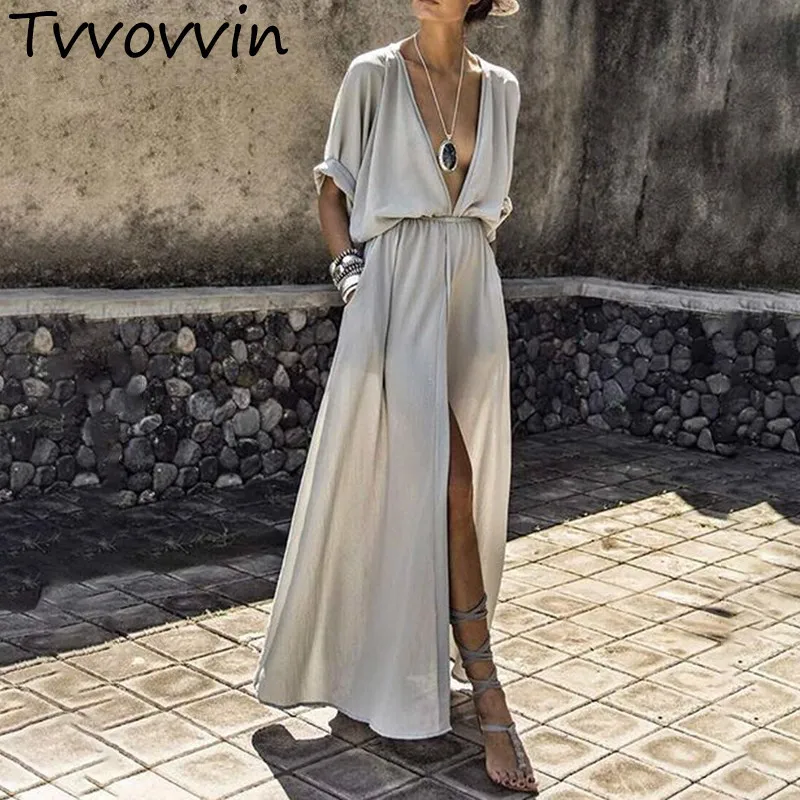 

Maxi Women's Dress Summer Beach V Neck Tunic High Waist Split Sexy Long Holiday Dresses 2019 Fashion Casual Clothes L267