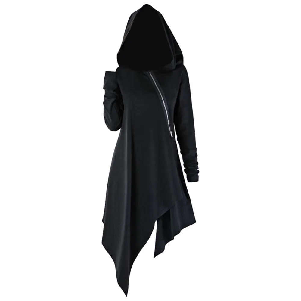 

Sovalro Zip Up Asymmetric Hooded Sweatshirt Black Punk Streetwear Women Long Hoodies Outwear Windbreaker Coat Jacket S-2XL