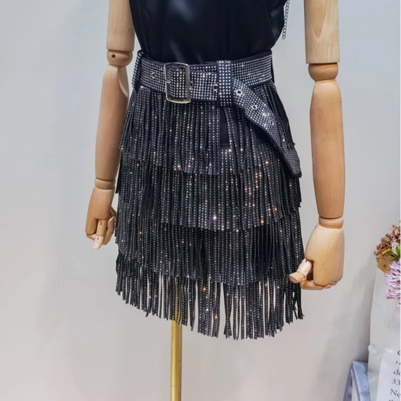 LANMREM летняя новая модная одежда для женщин, горячая Распродажа, юбка с кисточками и пайетками с поясом, универсальная юбка YG97
