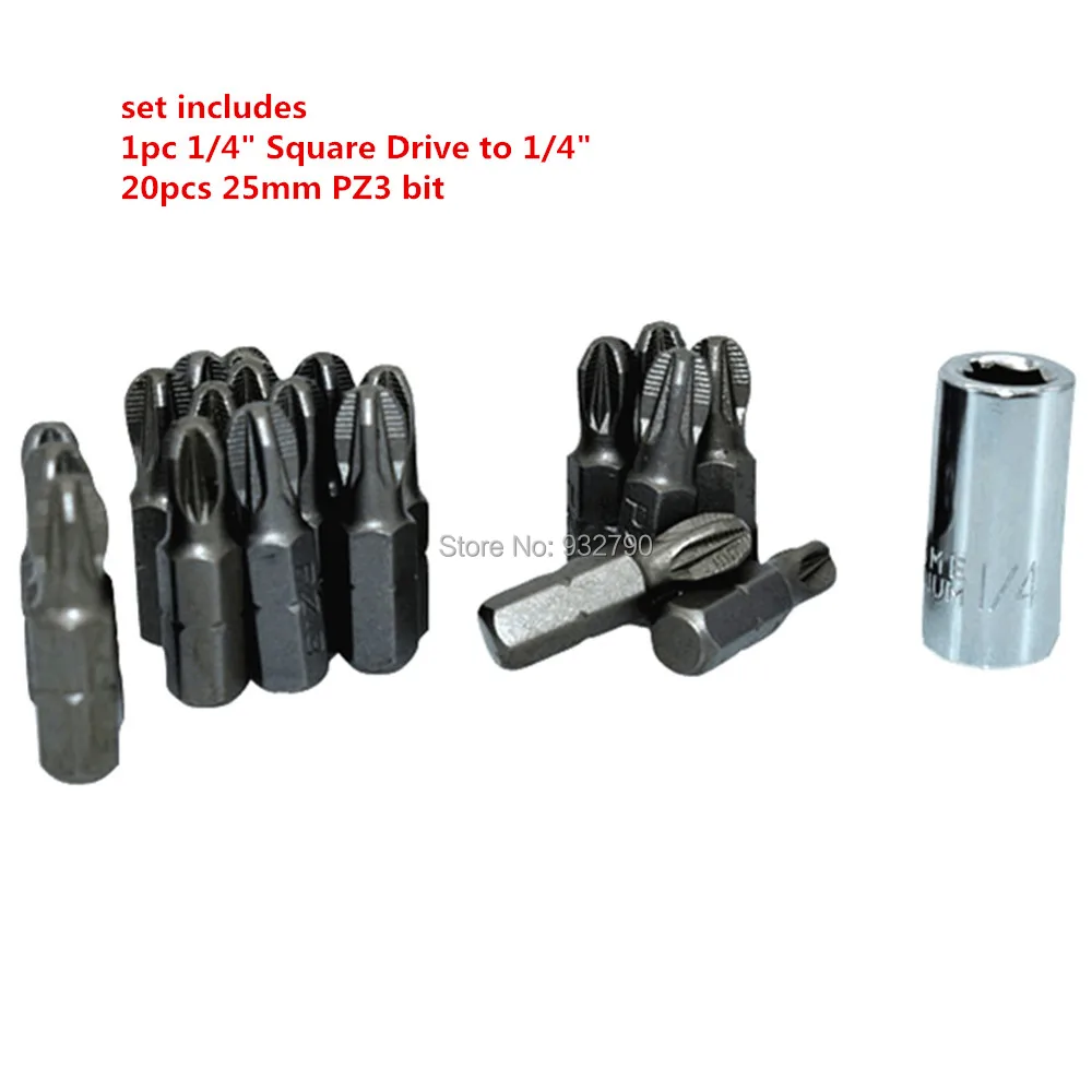 Отвертка Phillips Pozi Pozidrive 20 шт. 25 мм бит PH2/PZ1/PZ2/PZ3 + 1/4 &quotКвадратный привод на 1/4&quot