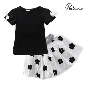 

Newborn Baby Girls Summer 2019 Black Bow-knot T-Shirt+Flower White Skirts 2PCS Outfits Set Princess Casual Clothes 1-6T