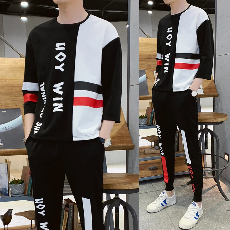 

2019 Spring Summer New Fashion Pattern Trousers Seven Part Sleeve T Pity Suit Male Tide Motion Twinset fitness bodybuilding