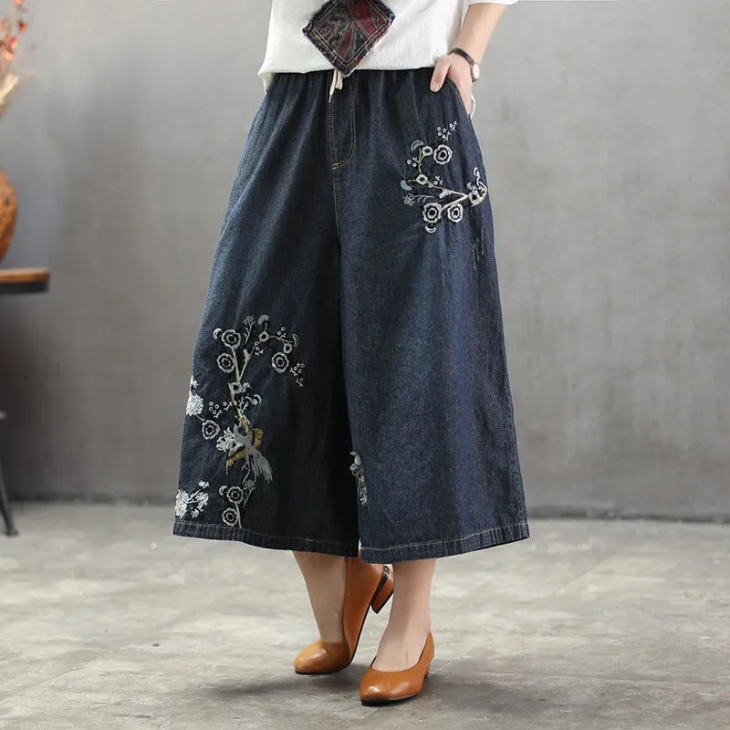 

2019 Spring Summer Women Wide Leg Pants Casual Female Embroidery Jeans Loose Drawstring Denim Jeans