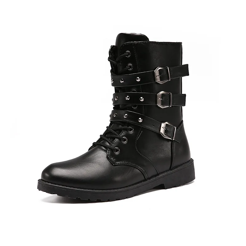 

Combat Military Leather Boots Rivets Men Army Tactical Shoes Waterproof Black Mid-calf British Style Martin Motorcycle Boots 44