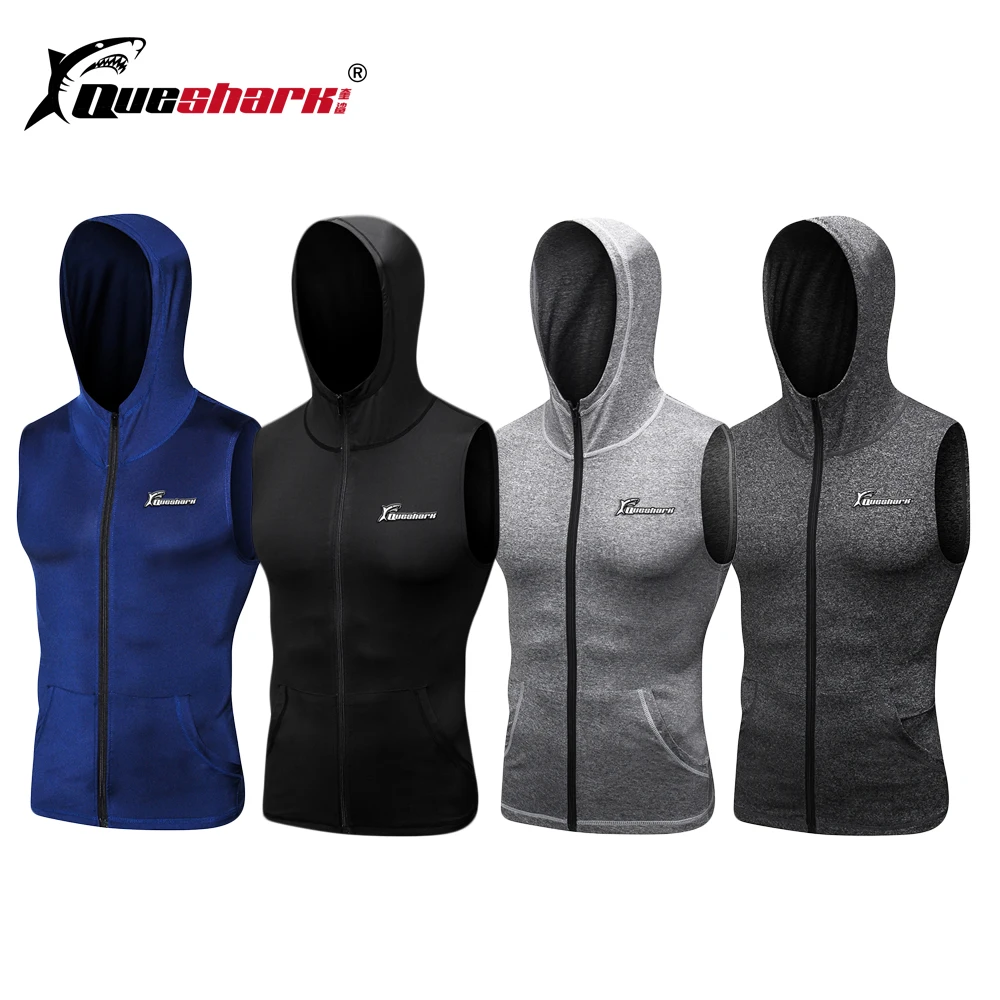 

QUESHARK Men Sports Running Training Sleeveless Shirts Gym Workout Vest with Pockets Fitness Bodybuilding Sleeveless Hoodies